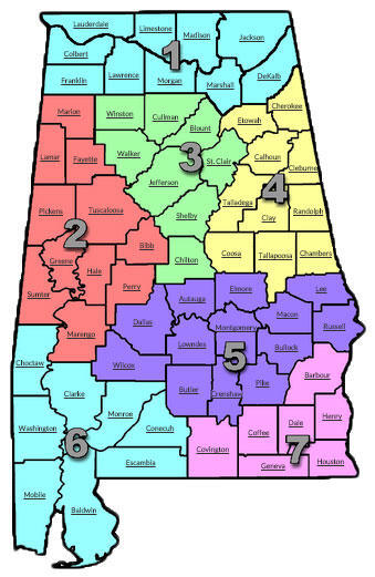 Alabama State map with counties highlighted based on county sections