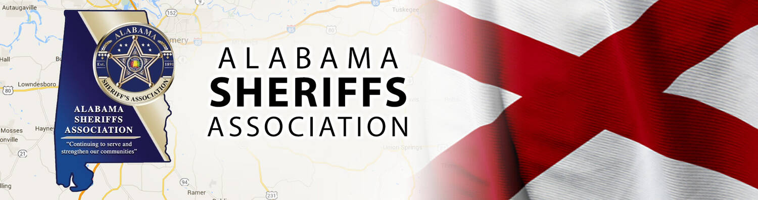 Alabama Sheriffs Association badge layered on top of a map showing their location. Also featured is a portion of their flag.