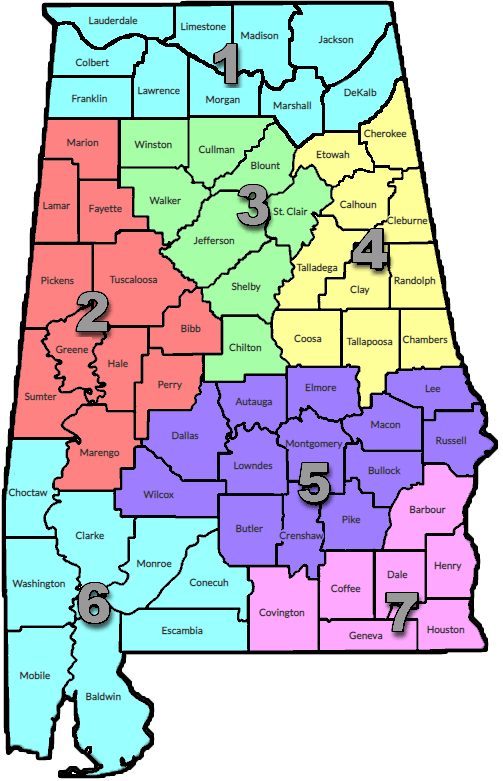 The alabama state map highlighting all counties and their locations.
